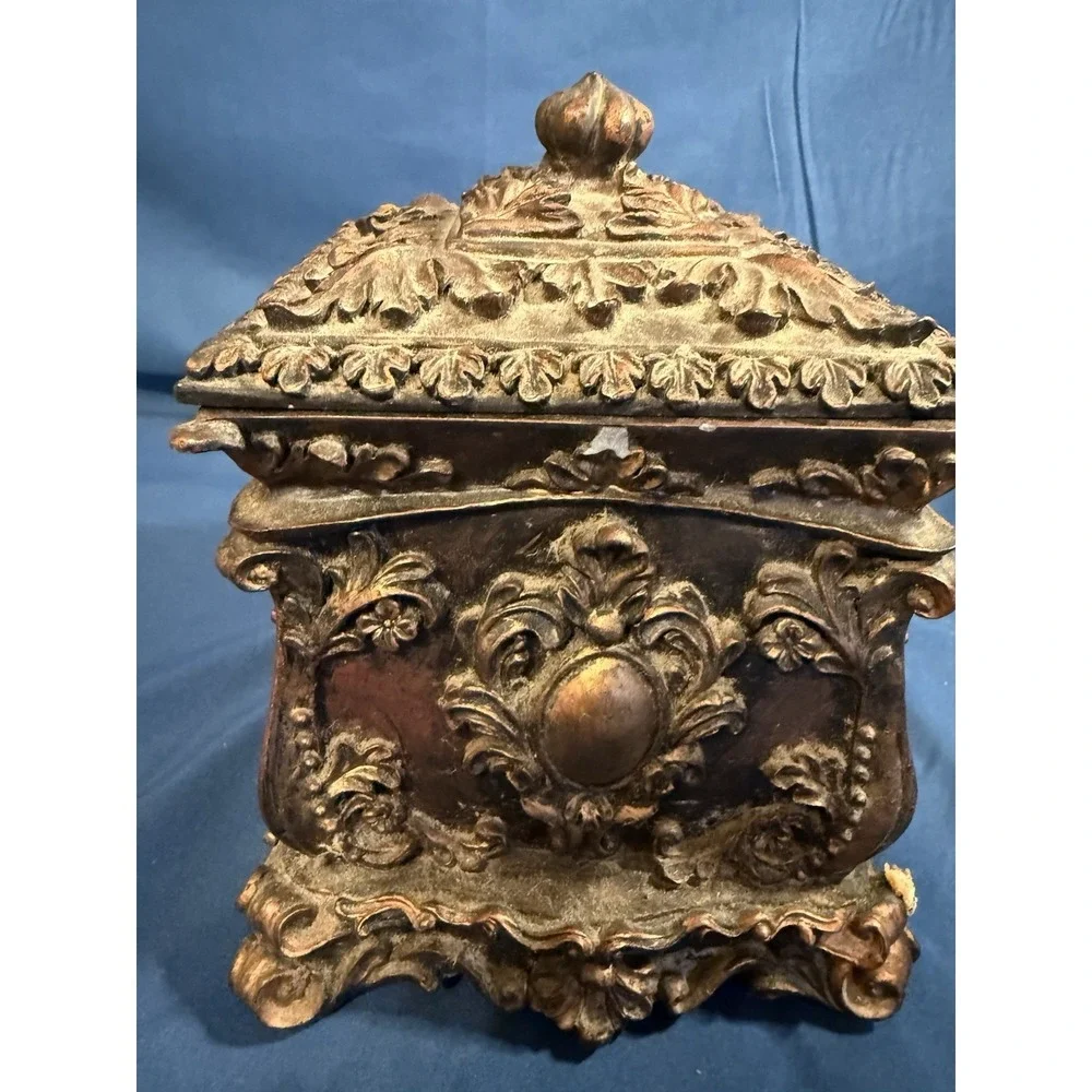Vintage Ornate Faux Bronze Quartz Clock Trinket Jewelry Box Rococo Style Resin